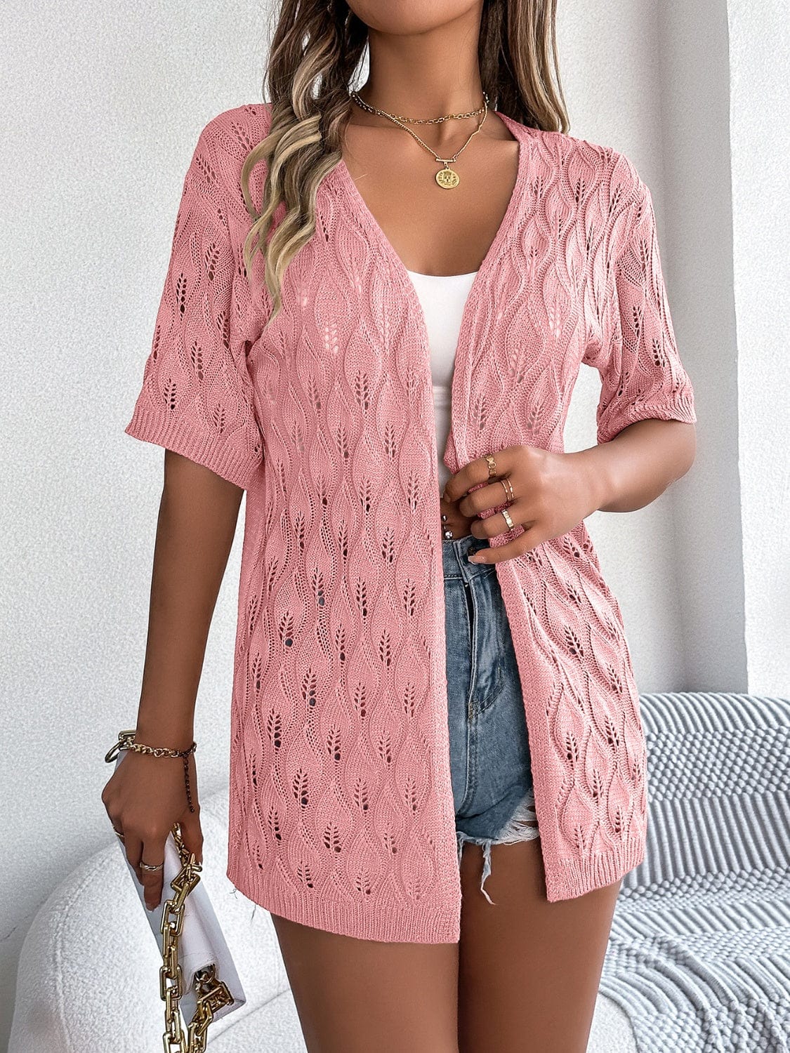 Openwork Open Front Short Sleeve Cardigan - Trendsi