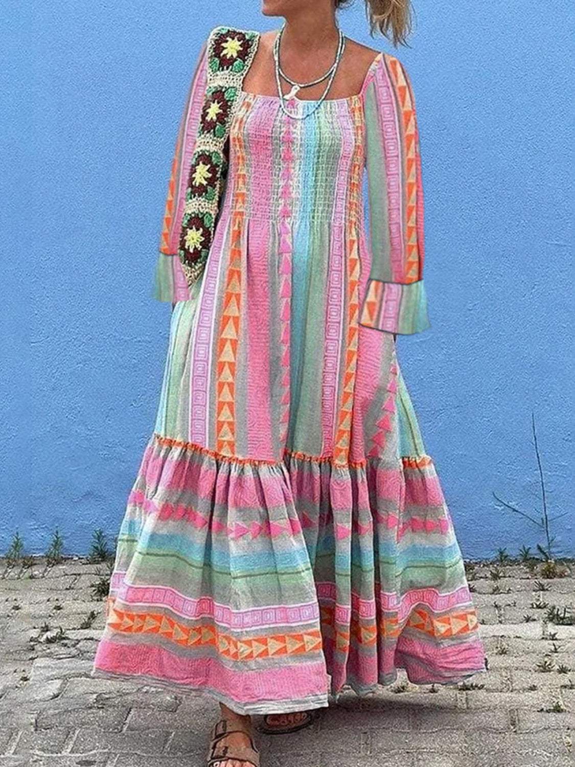 Ruffled Striped Long Sleeve Dress - Trendsi - Flyclothing LLC