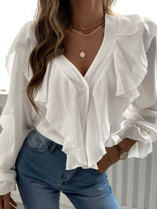 Full Size Ruffled V-Neck Button Down Flounce Sleeve Blouse - Trendsi - Flyclothing LLC