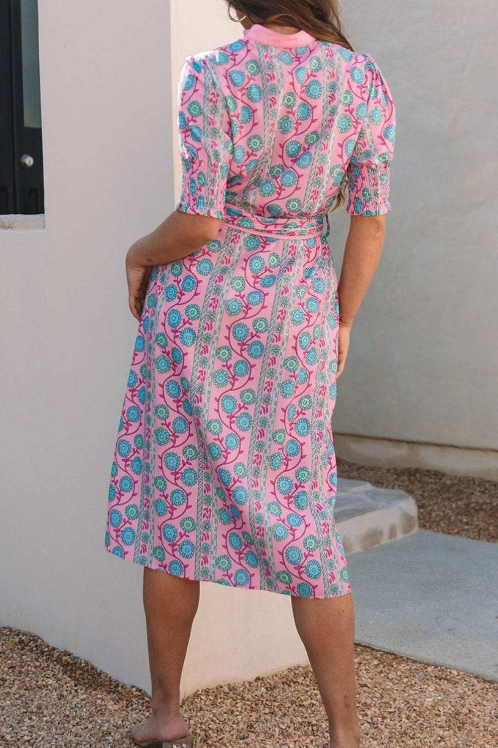 Printed Shirred Sleeve Buttoned Front Midi Dress with Sash - Trendsi - Flyclothing LLC