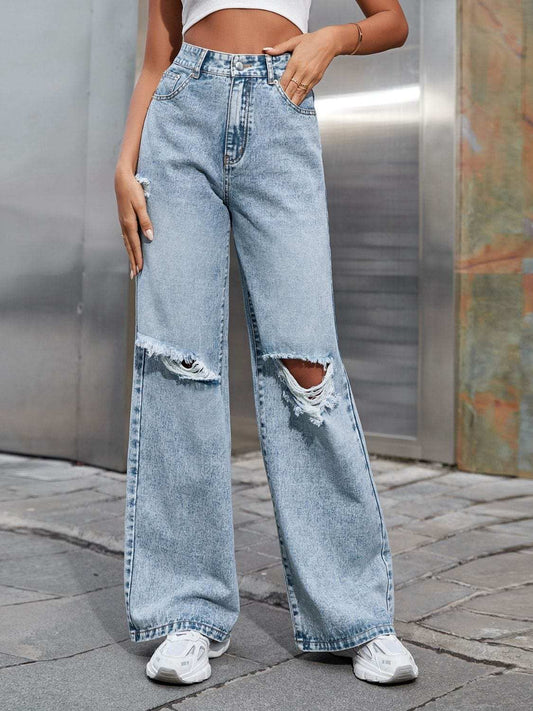 Distressed Wide Leg Jeans with Pockets - Trendsi - Flyclothing LLC