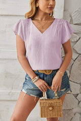 Ruched V-Neck Flounce Sleeve Blouse - Trendsi - Flyclothing LLC