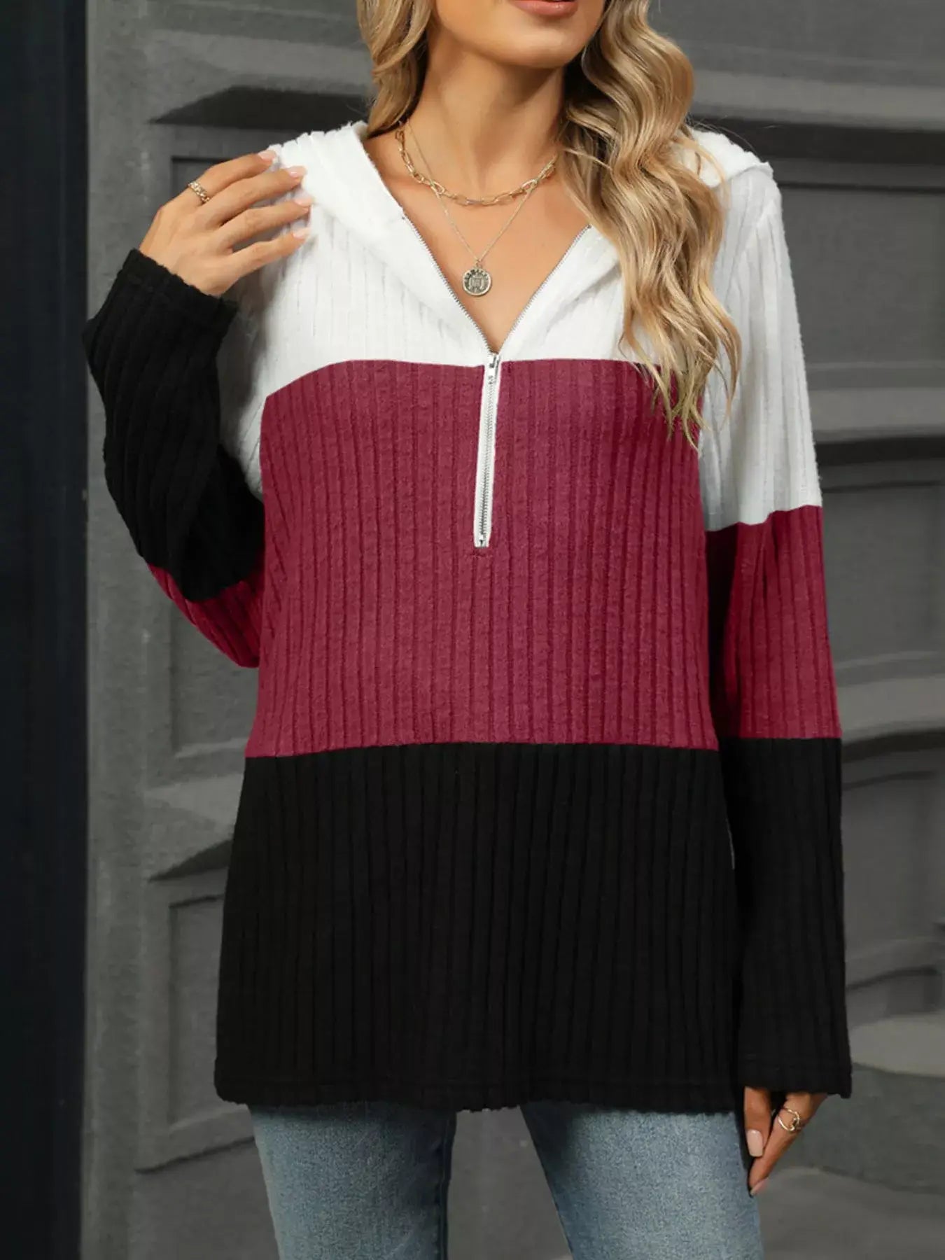 Color Block Half Zip Hooded Top - Trendsi - Flyclothing LLC