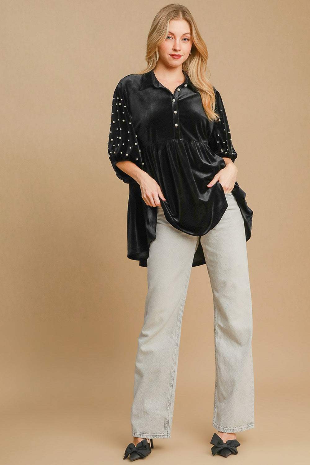 Umgee Pearl Detail Half Sleeve Velvet Babydoll Blouse - Trendsi - Flyclothing LLC