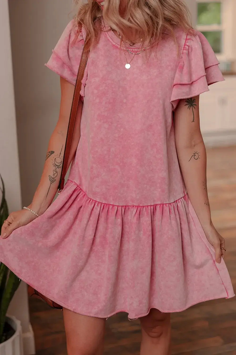 Mineral Wash Raw Edge Ruffle Mini Dress - Trendsi - Flyclothing LLC
