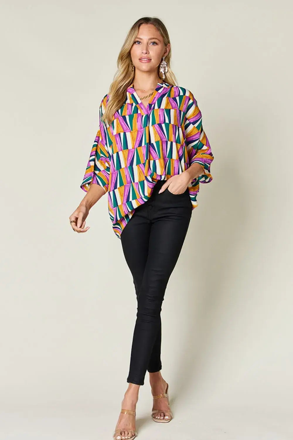Double Take Full Size Geometric Notched Dolman Sleeve Top - Trendsi - Flyclothing LLC