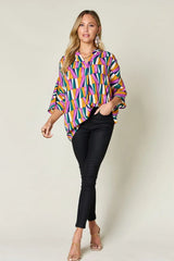 Double Take Full Size Geometric Notched Dolman Sleeve Top - Trendsi - Flyclothing LLC