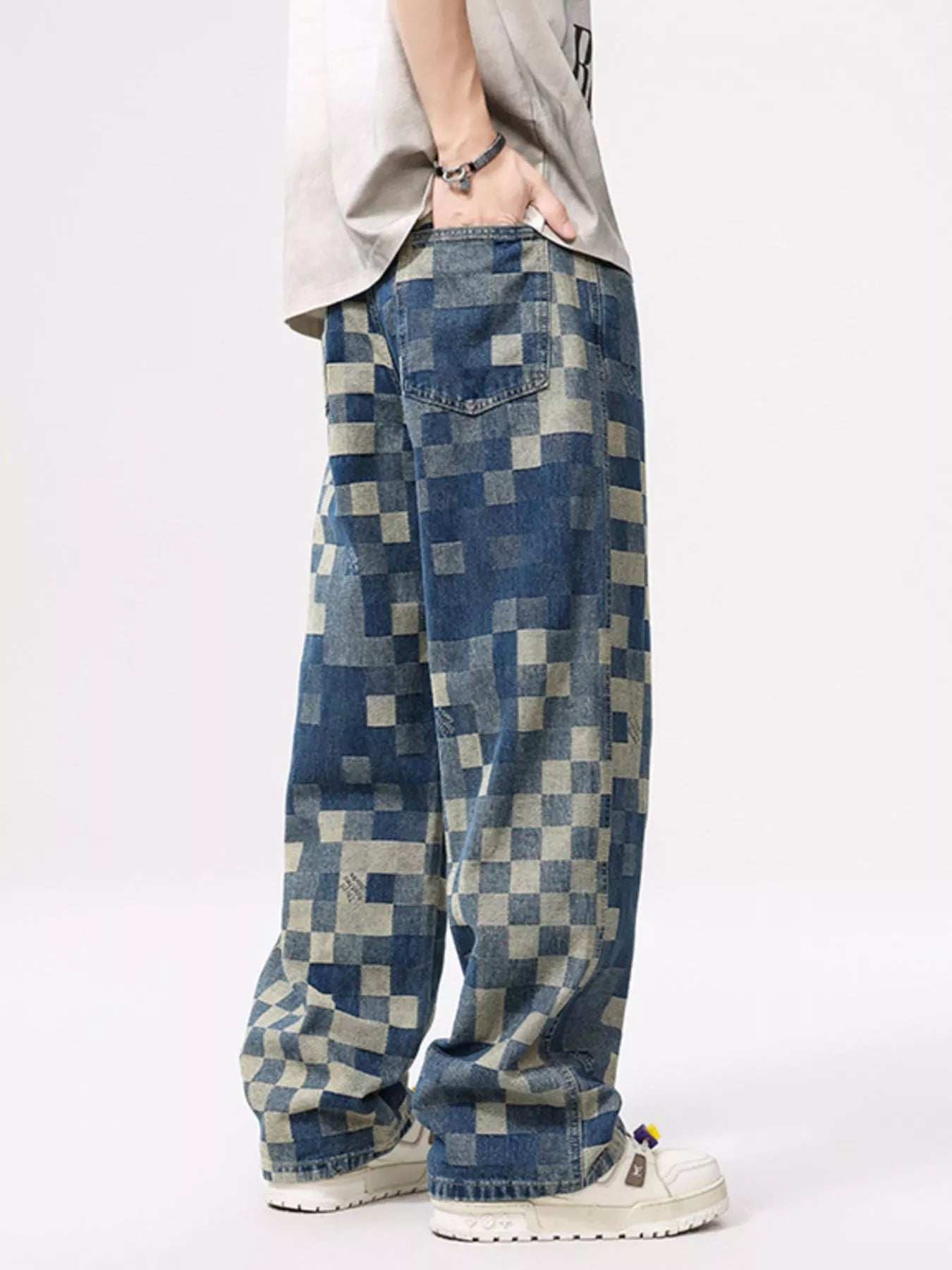 Men's Checkered Wide Leg Jeans - Trendsi - Flyclothing LLC