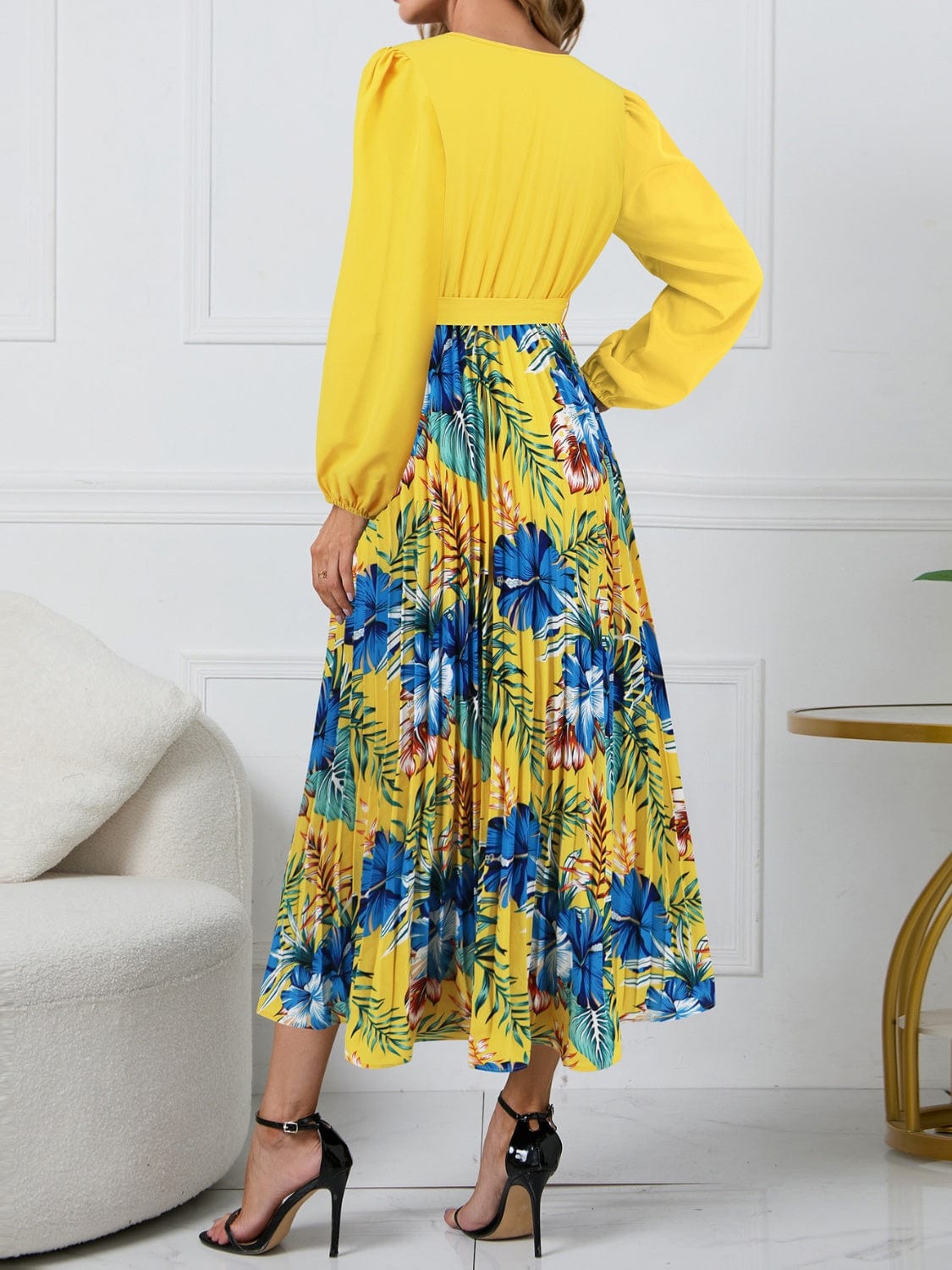 Pleated Printed Surplice Long Sleeve Dress - Trendsi
