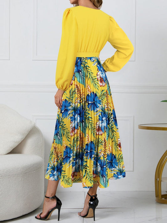 Pleated Printed Surplice Long Sleeve Dress - Trendsi