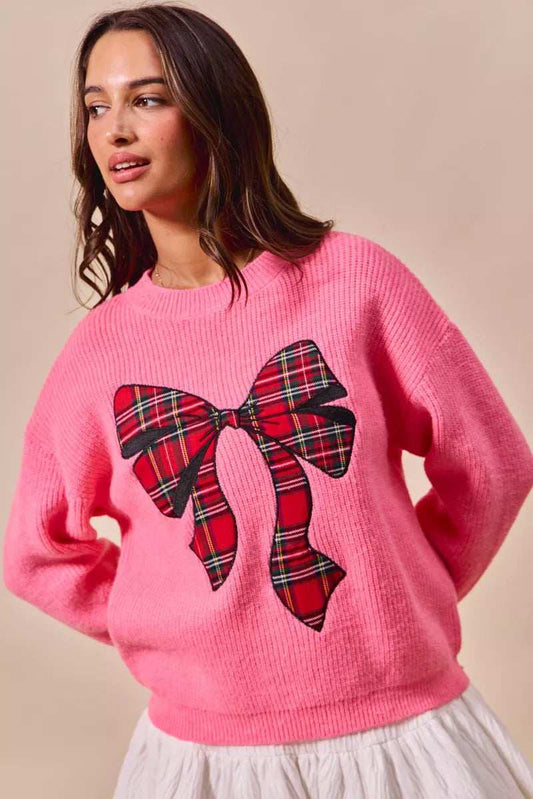 SO ME Checker Plaid Ribbon Christmas Holiday Sweater - Trendsi - Flyclothing LLC
