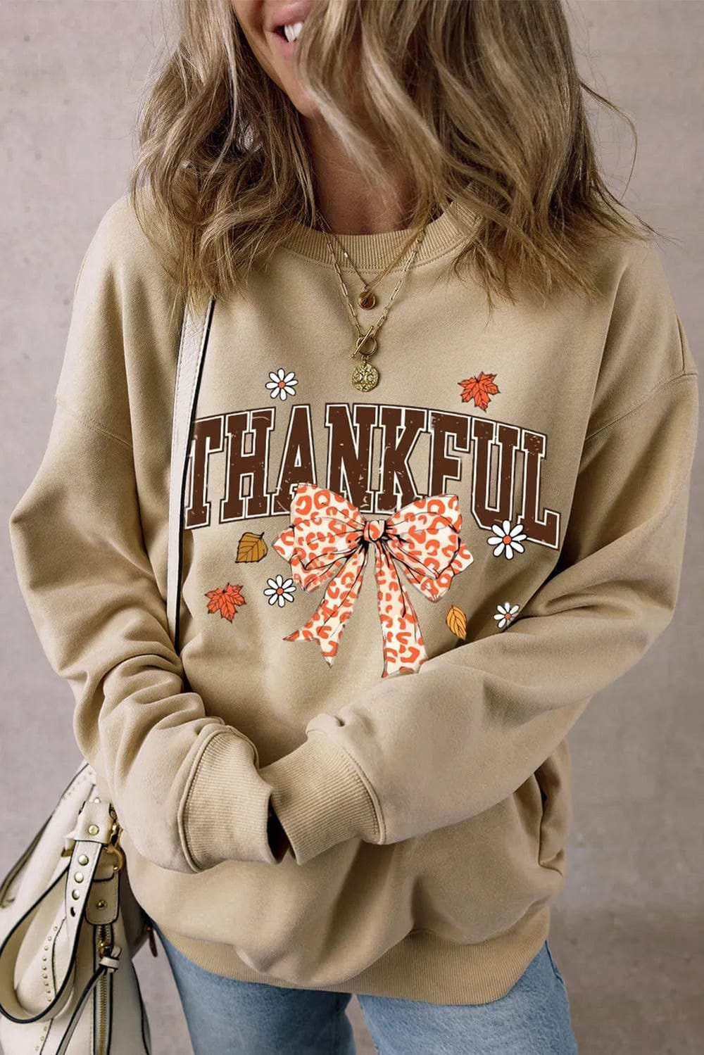 THANKFUL Bow Round Neck Long Sleeve Sweatshirt - Trendsi - Flyclothing LLC
