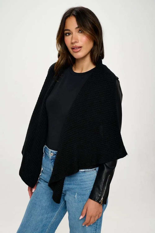 Coalition LA Knit Collared Faux Leather Crop Jacket - Trendsi - Flyclothing LLC