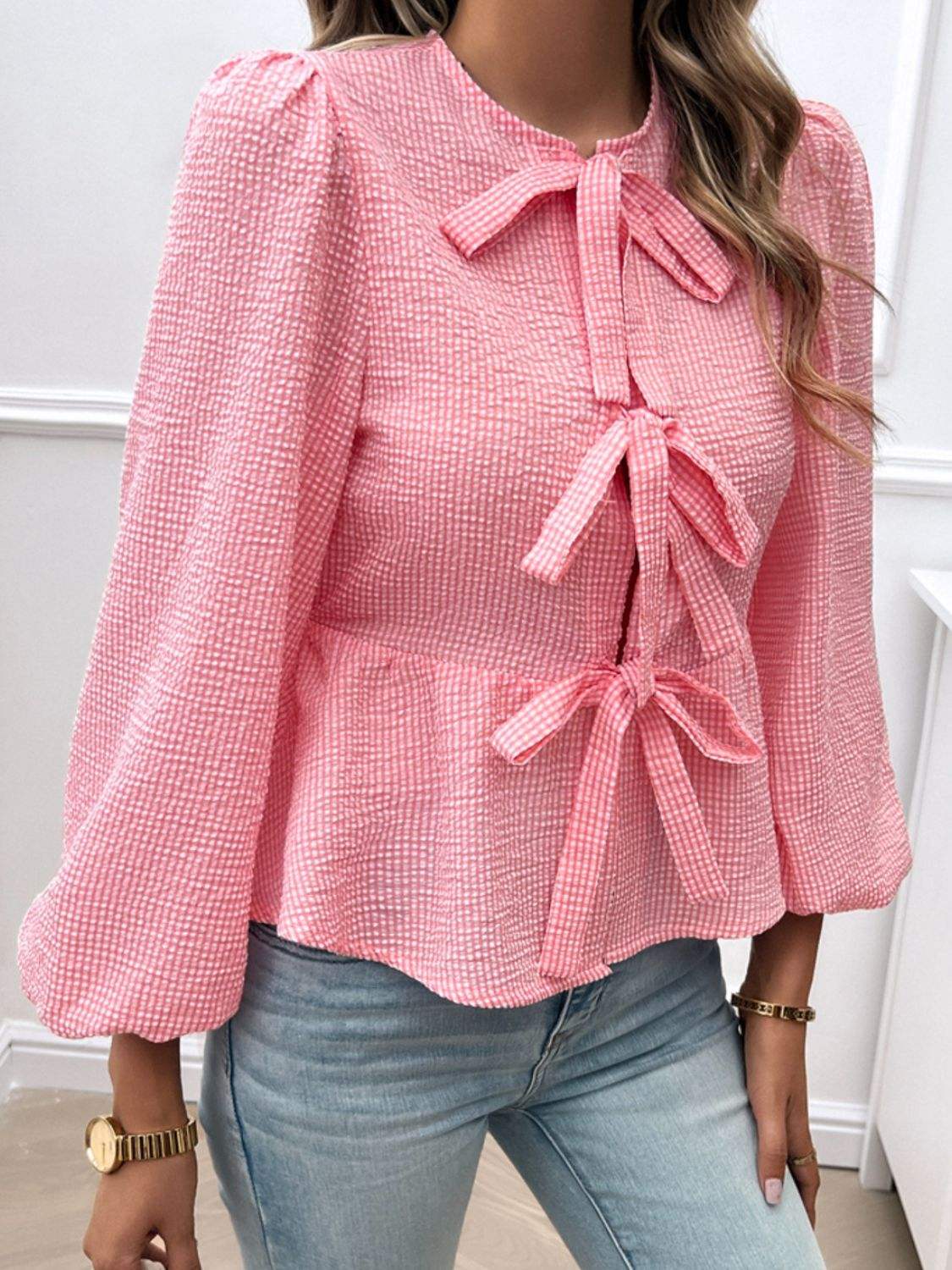 Devine Tied Round Neck Long Sleeve Blouse - Trendsi - Flyclothing LLC