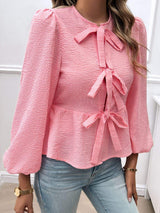 Devine Tied Round Neck Long Sleeve Blouse - Trendsi - Flyclothing LLC