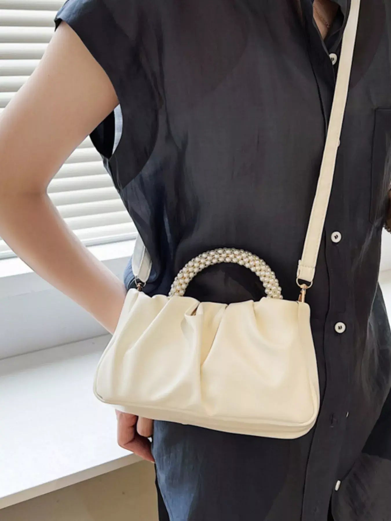 Pearl Handle Ruched Crossbody Bag - Trendsi - Flyclothing LLC