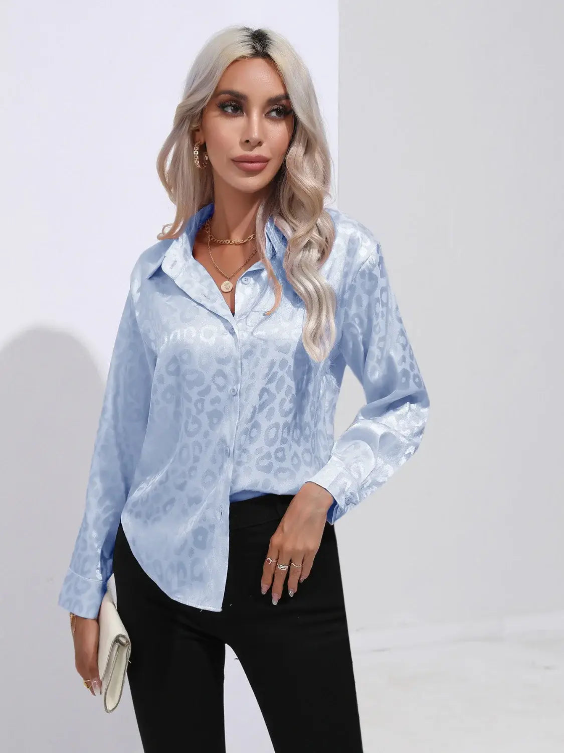 Leopard Collared Neck Long Sleeve Shirt - Trendsi - Flyclothing LLC