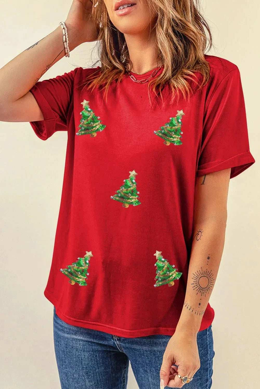 Sequin Christmas Tree Round Neck Short Sleeve T-Shirt - Trendsi - Flyclothing LLC