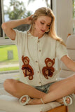 BiBi Teddy Bear With Bow Patched Sweater Button Down Top - Trendsi - Flyclothing LLC