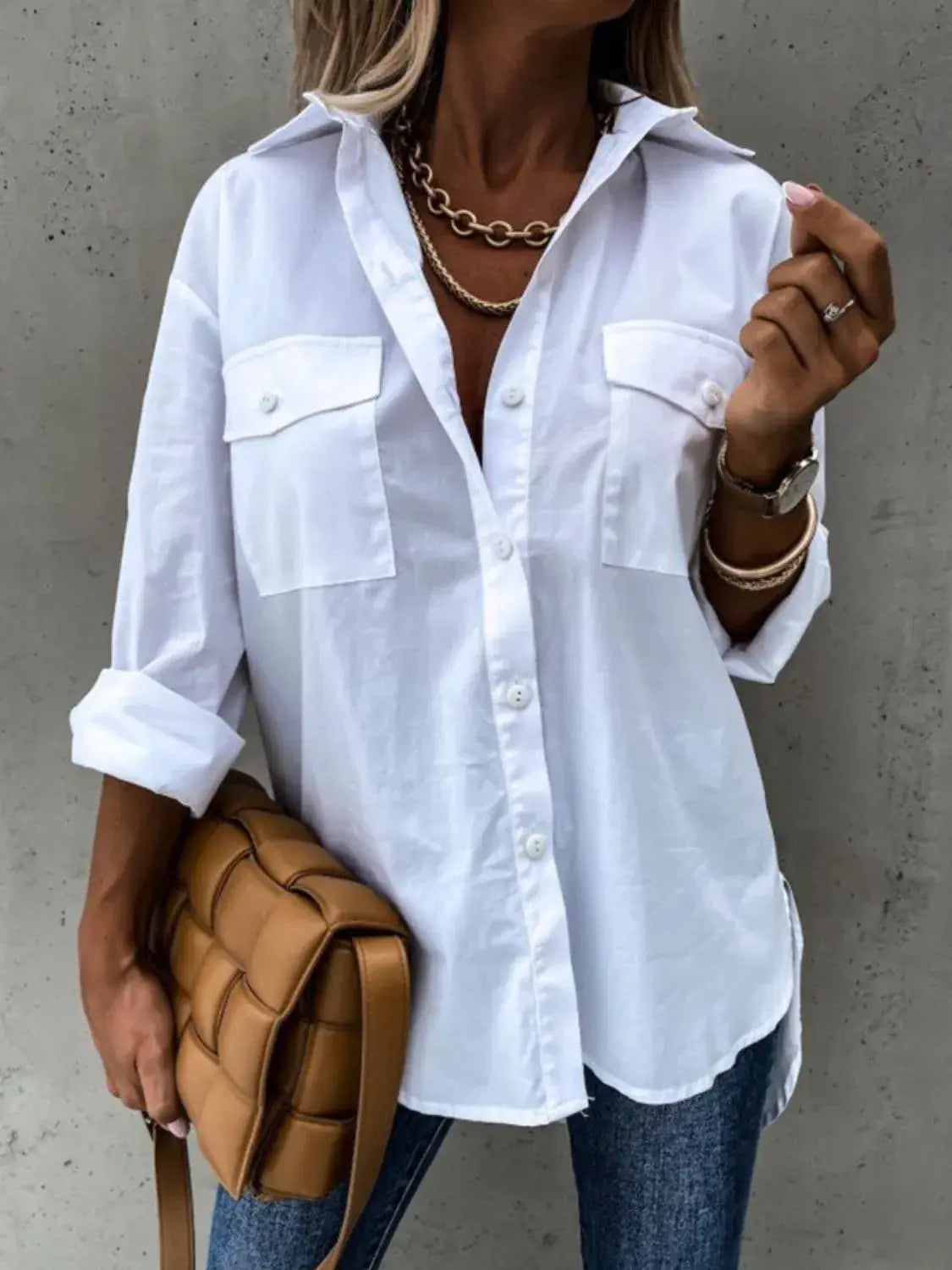 Button Up Roll-Tab Sleeve Shirt - Trendsi - Flyclothing LLC