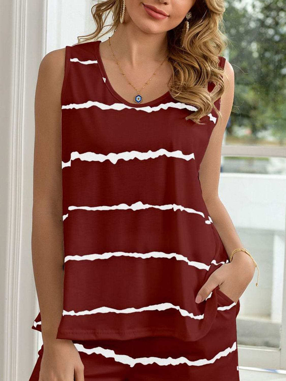Striped Round Neck Tank and Shorts Lounge Set - Trendsi - Flyclothing LLC