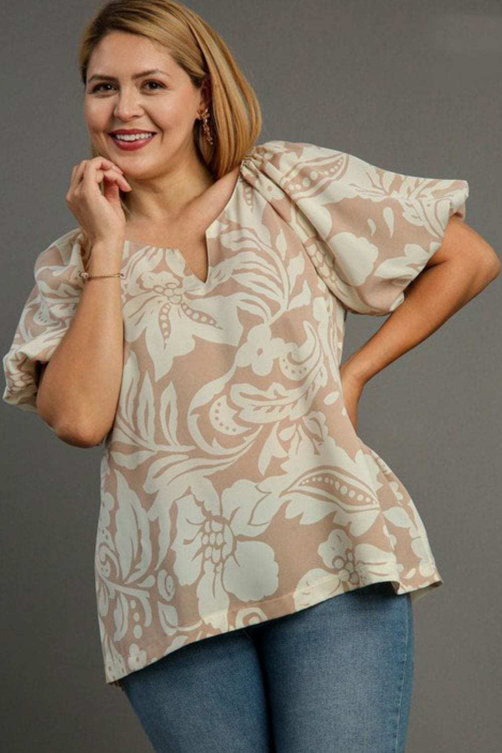 Umgee Full Size Boxy Cut Split Neck Floral Print Top Plus Size - Trendsi - Flyclothing LLC