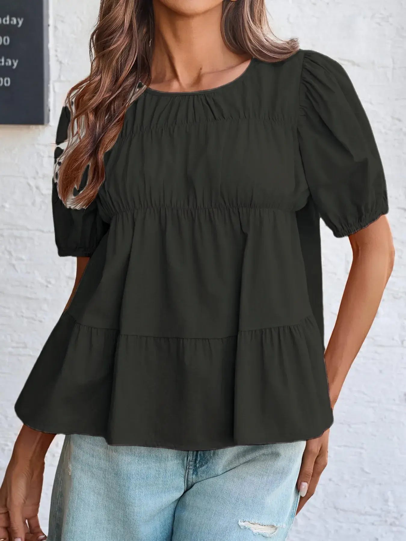 Round Neck Puff Sleeve Tiered Blouse - Trendsi - Flyclothing LLC