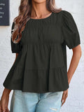 Round Neck Puff Sleeve Tiered Blouse - Trendsi - Flyclothing LLC