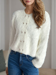 Heart Button Round Neck Cardigan - Trendsi