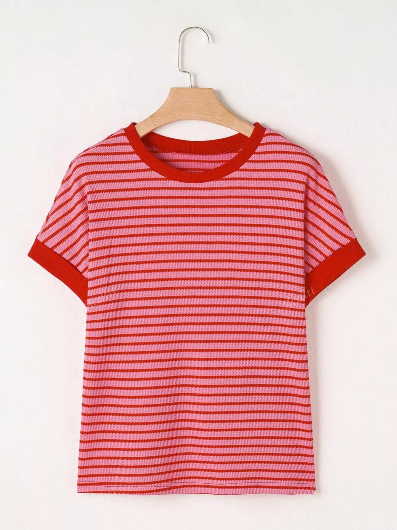 Striped Ribbed Knit Short Sleeve T-Shirt - Trendsi - Flyclothing LLC
