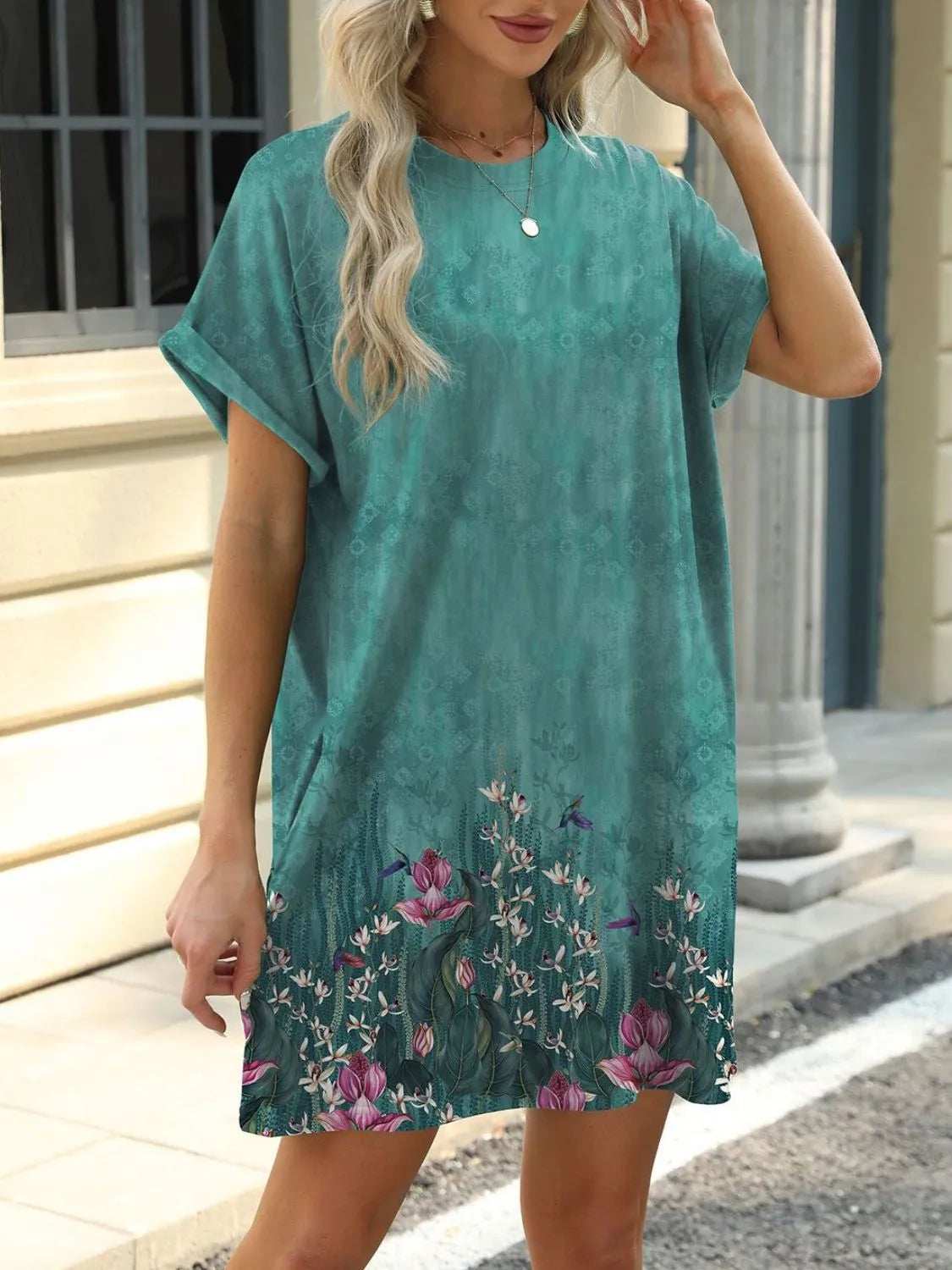 Printed Round Neck Short Sleeve Mini Dress - Trendsi - Flyclothing LLC