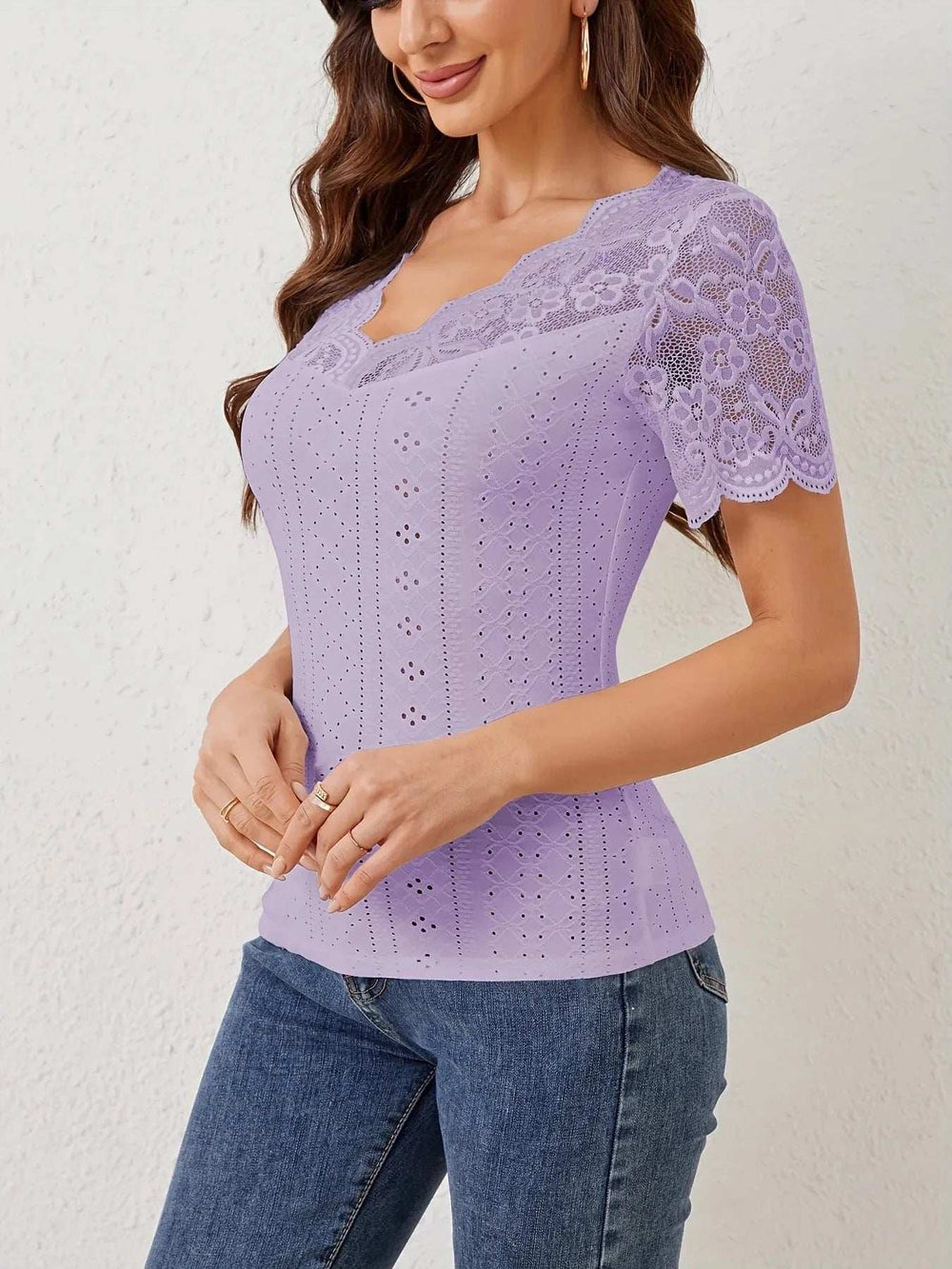 Lace Trim Eyelet Embroidered Summer T-Shirt - Trendsi - Flyclothing LLC