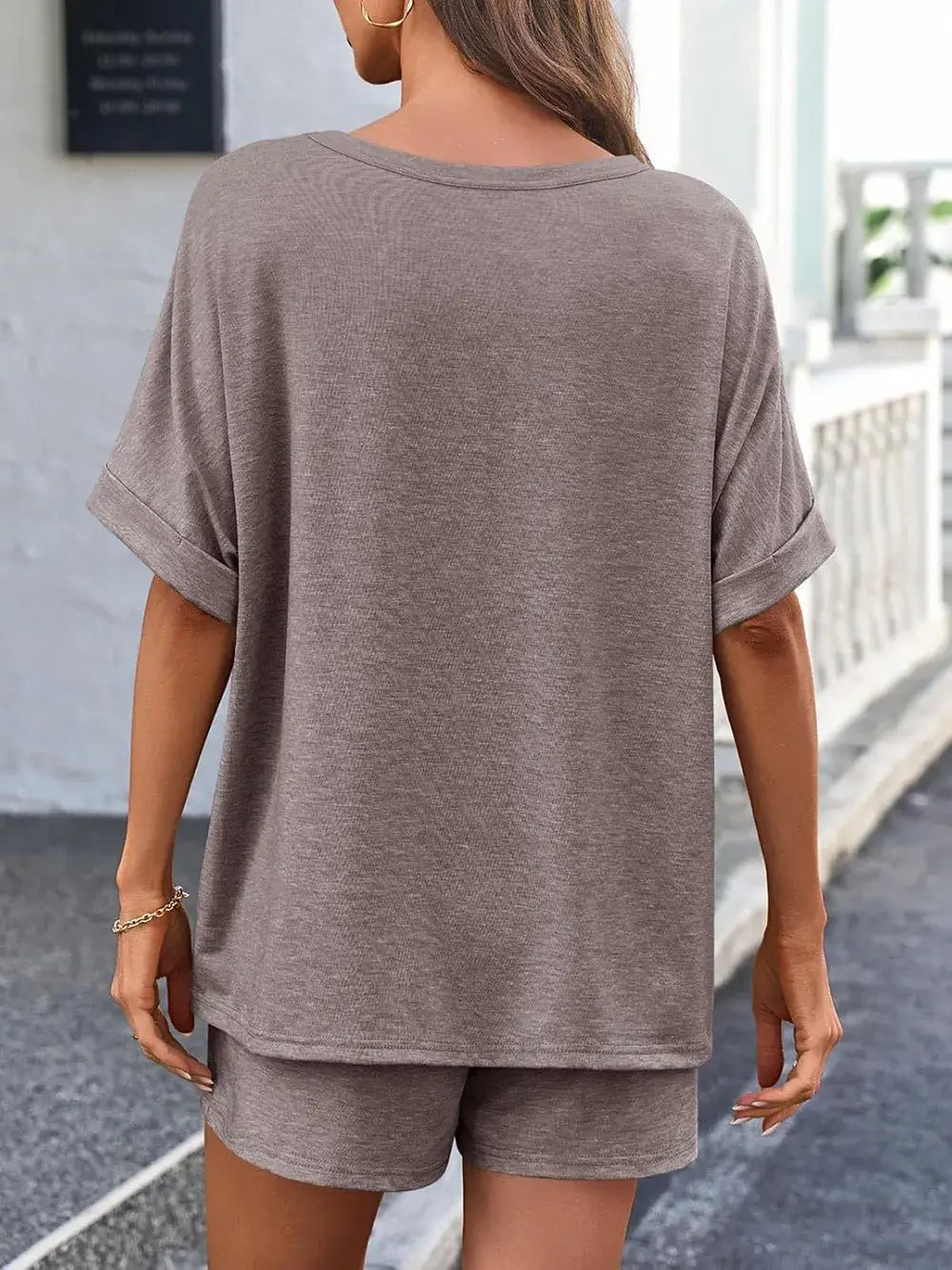 Round Neck T-Shirt and Drawstring Shorts Set - Trendsi - Flyclothing LLC