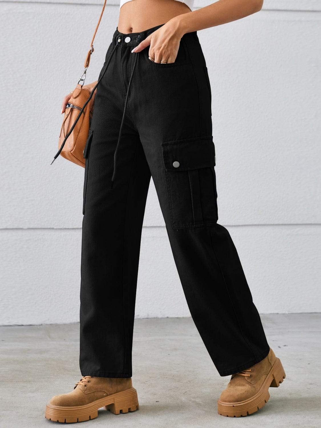 Drawstring Mid-Rise Waist Straight Cargo Jeans - Trendsi - Flyclothing LLC