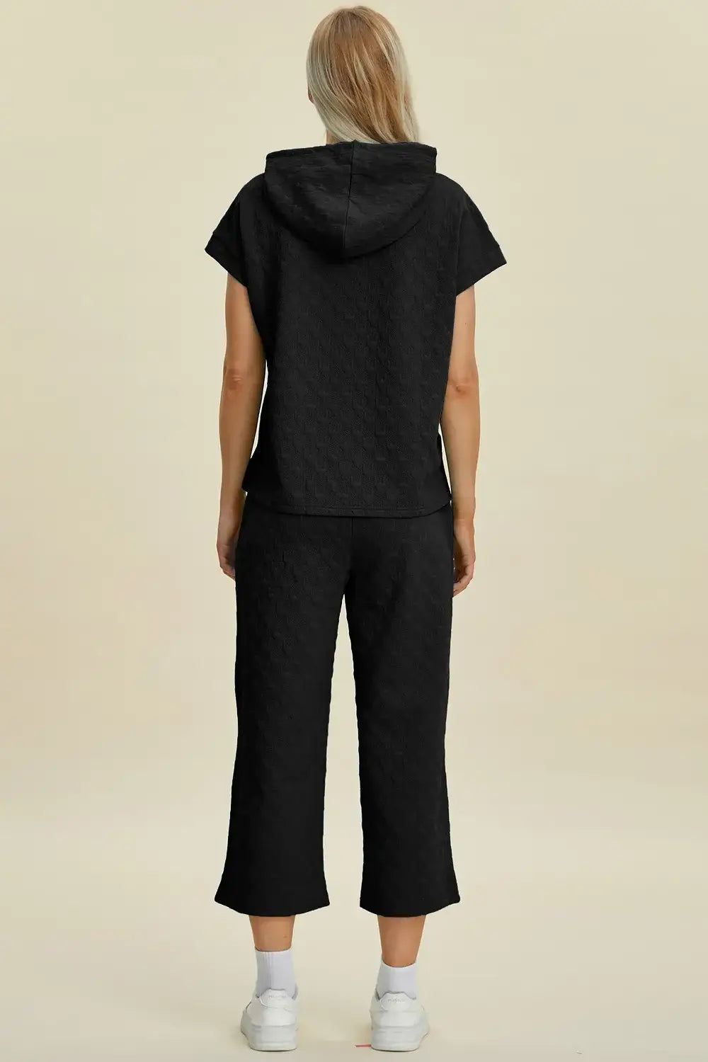 Double Take Full Size Texture Drawstring Short Sleeve Hoodie and Pocketed Pants Set - Trendsi - Flyclothing LLC