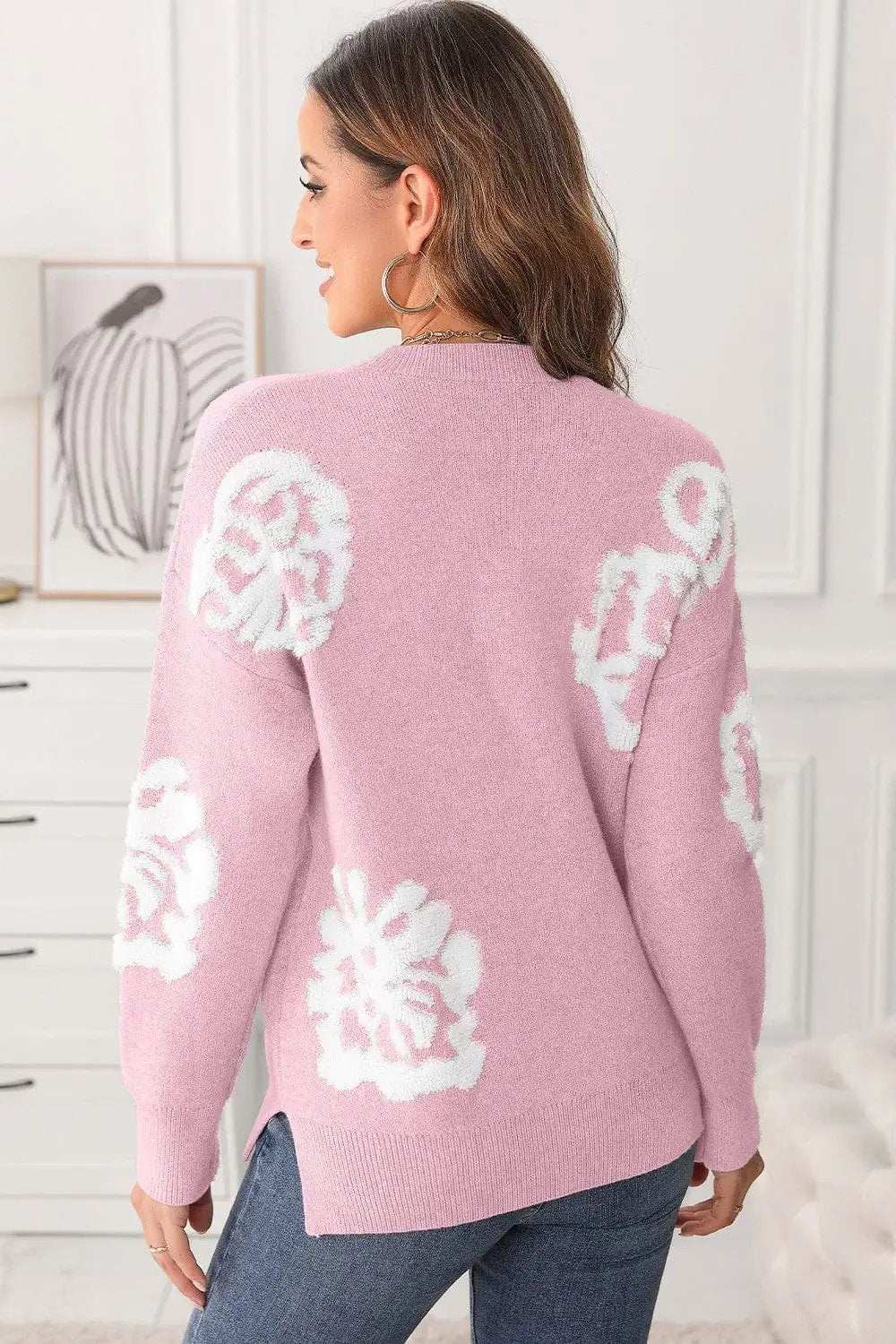 Slit Round Neck Dropped Shoulder Sweater - Trendsi - Flyclothing LLC