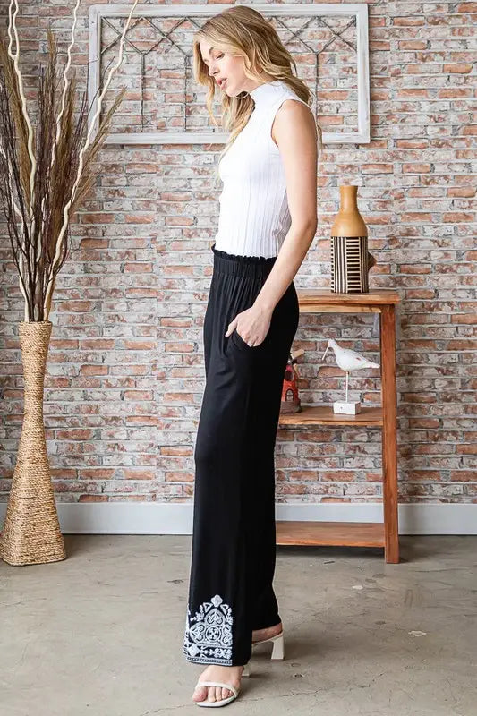 Heimish Full Size Solid Damask Casual Pants Plus Size - Trendsi - Flyclothing LLC