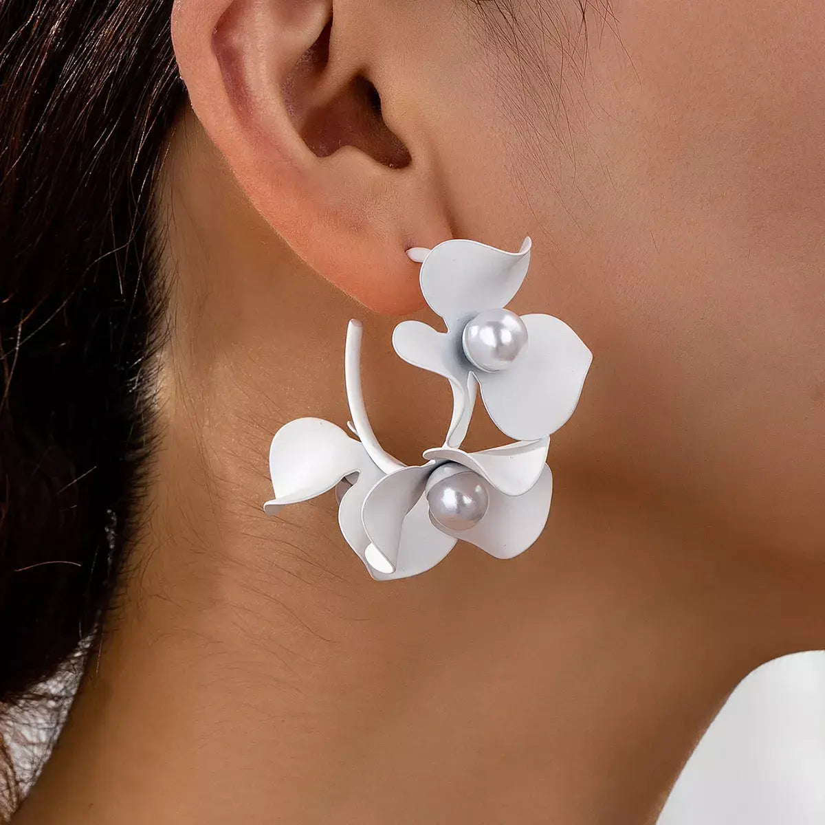 Floral Pearl Hoop Earrings - Trendsi - Flyclothing LLC