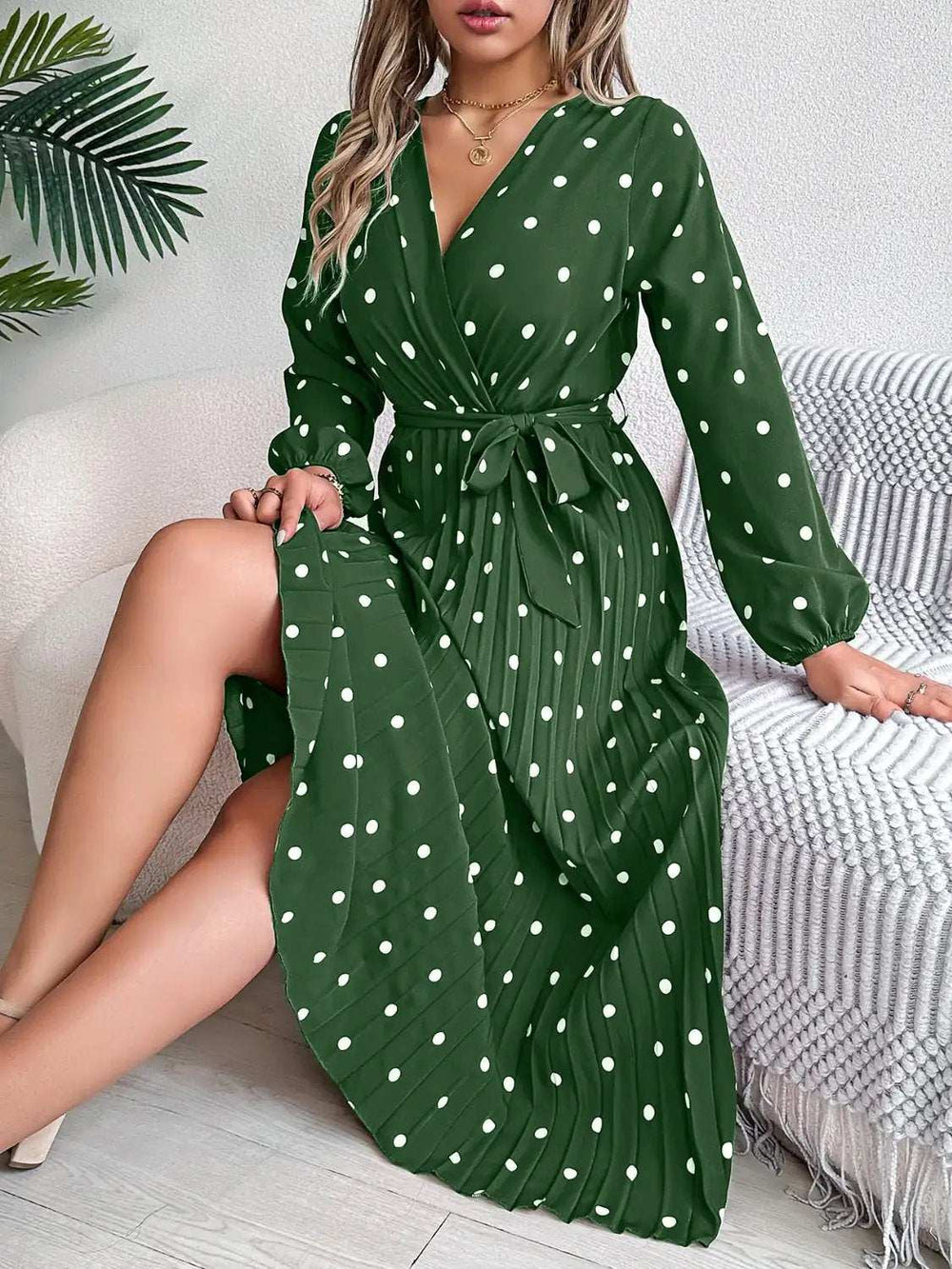 Tied Polka Dot Long Sleeve Midi Dress - Trendsi - Flyclothing LLC