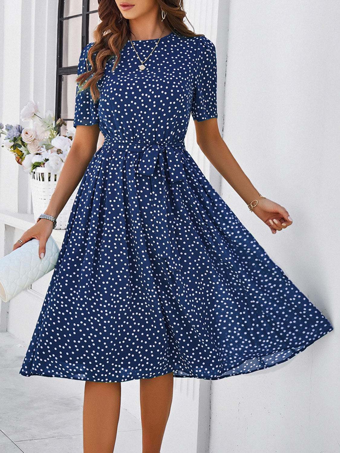Printed Round Neck Short Sleeve Dress - Trendsi - Flyclothing LLC
