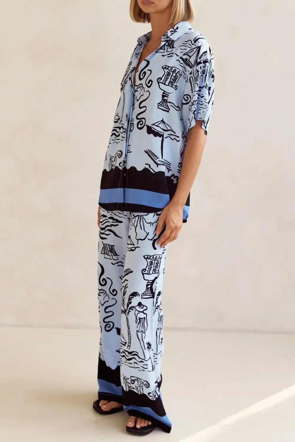 Printed Button Up Shirt and Pants Set Plus Size - Trendsi - Flyclothing LLC