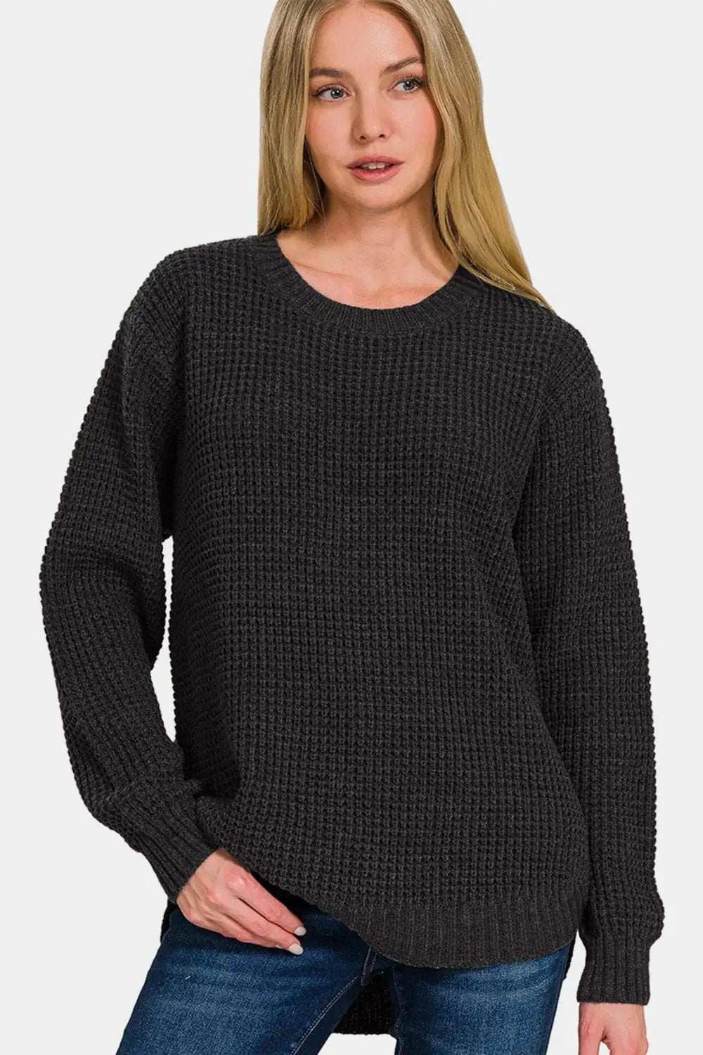 Zenana High Low Long Sleeve Waffle Sweater - Trendsi - Flyclothing LLC