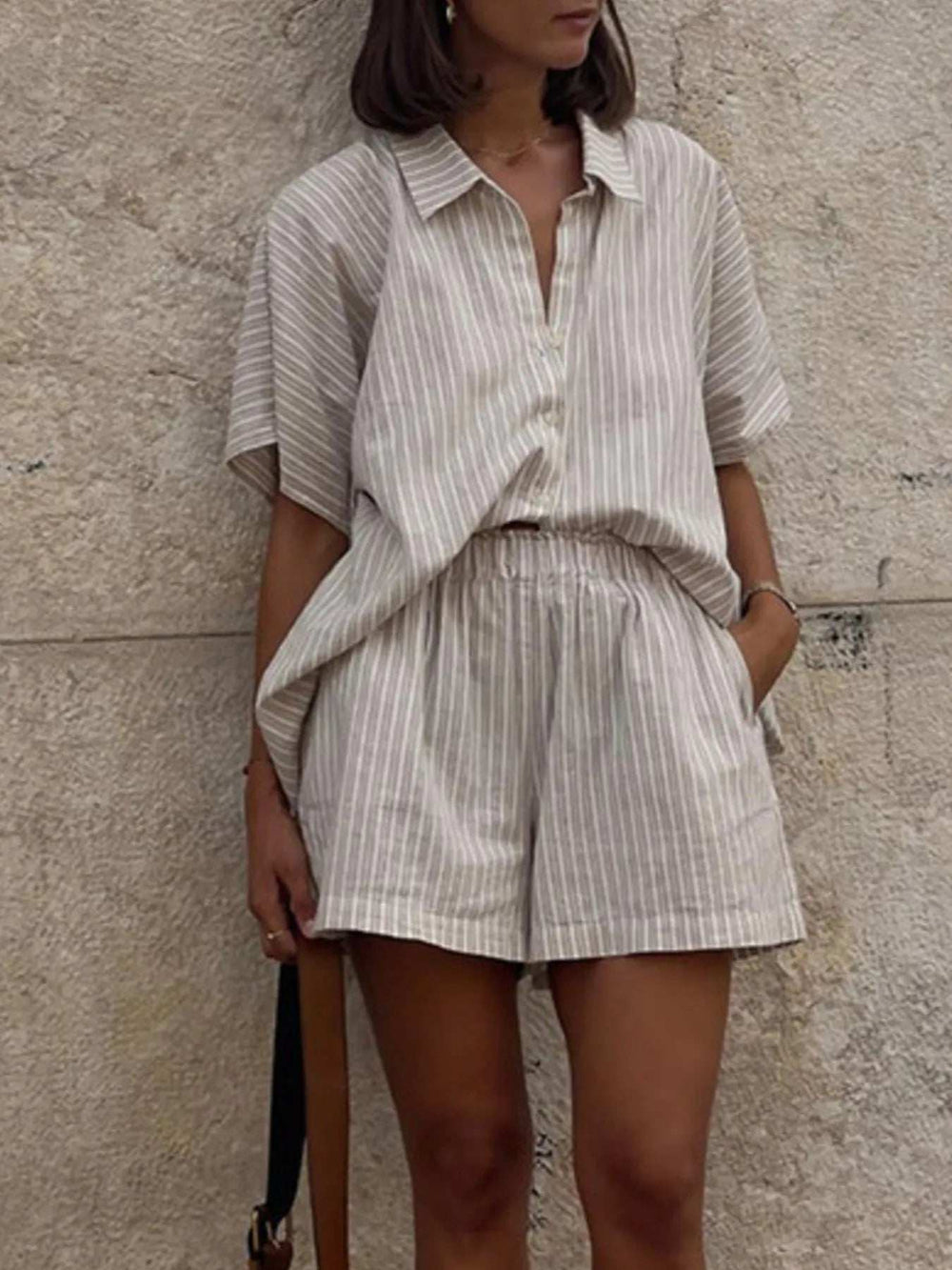 Casual Striped Short Sleeve Top and Shorts Two-Piece Set - Trendsi - Flyclothing LLC