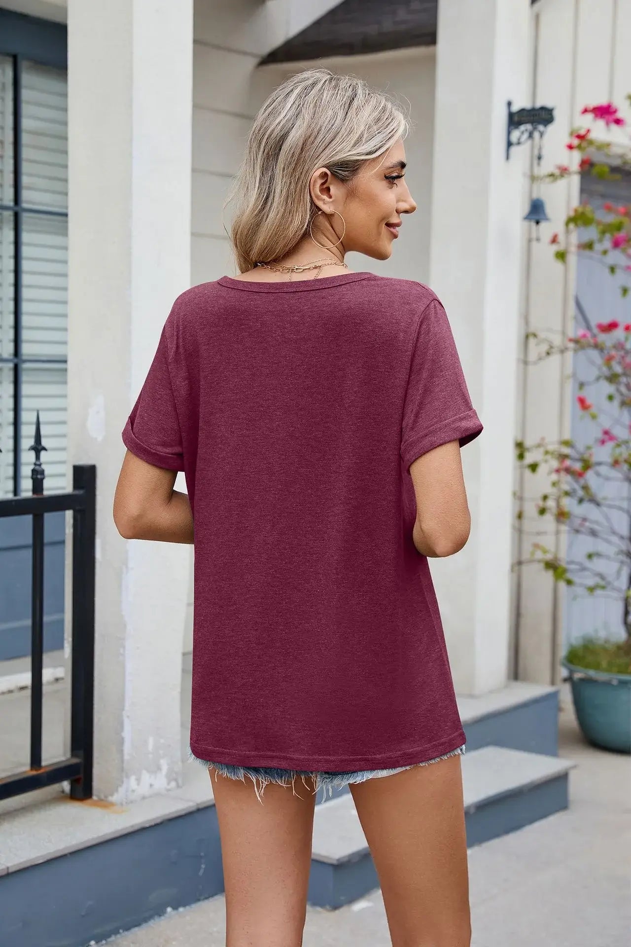 Florira Notched Short Sleeve T-Shirt - Trendsi - Flyclothing LLC