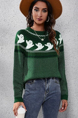 Ghost Pattern Round Neck Long Sleeve Sweater - Trendsi - Flyclothing LLC