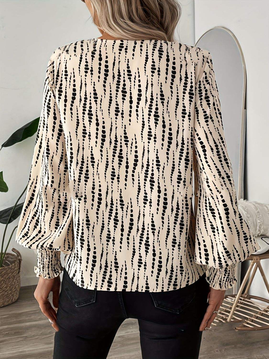 Printed V-Neck Lantern Sleeve Blouse - Trendsi - Flyclothing LLC