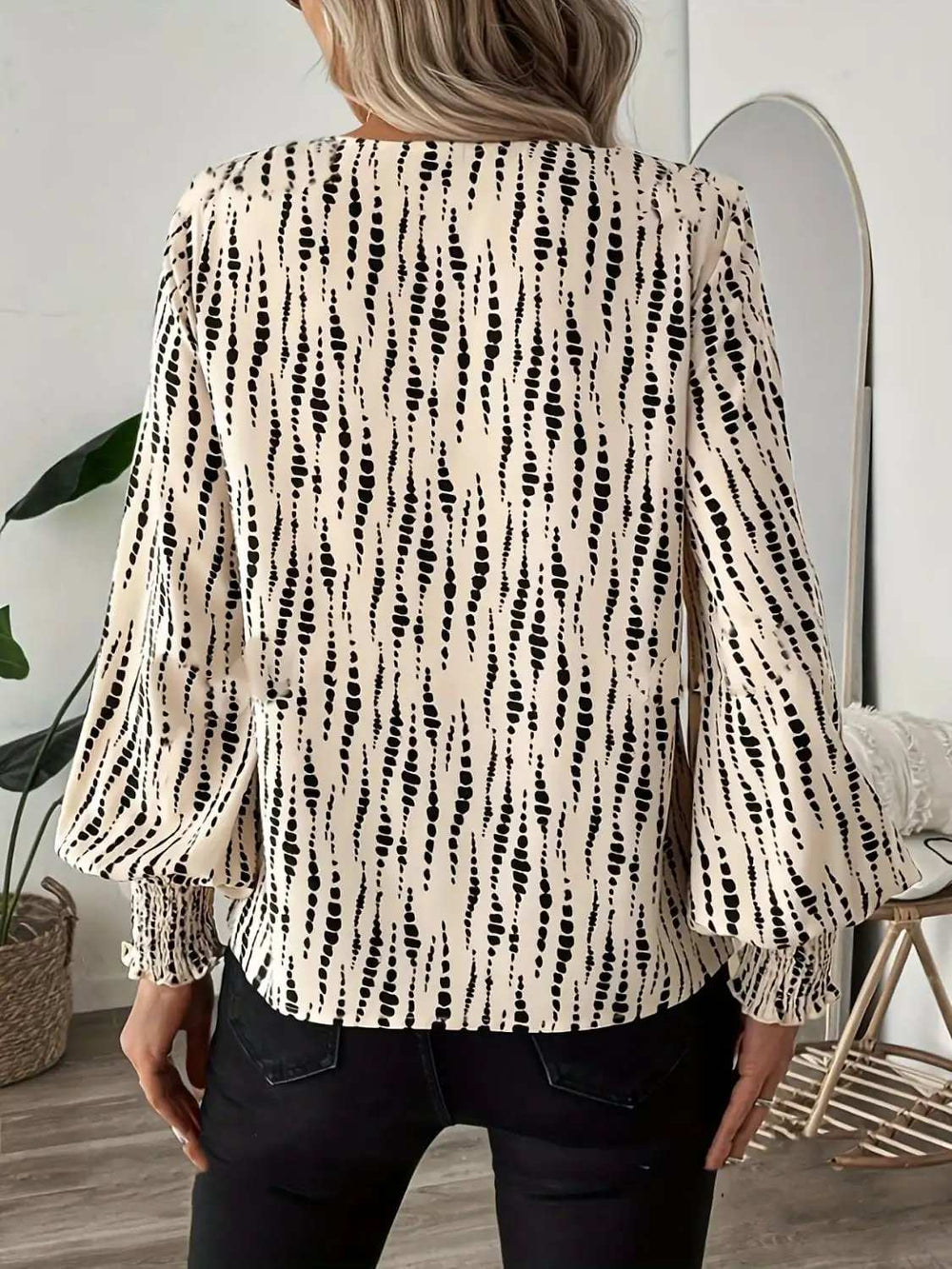 Printed V-Neck Lantern Sleeve Blouse - Trendsi - Flyclothing LLC