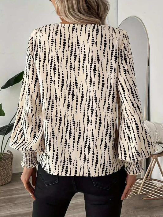 Printed V-Neck Lantern Sleeve Blouse - Trendsi - Flyclothing LLC