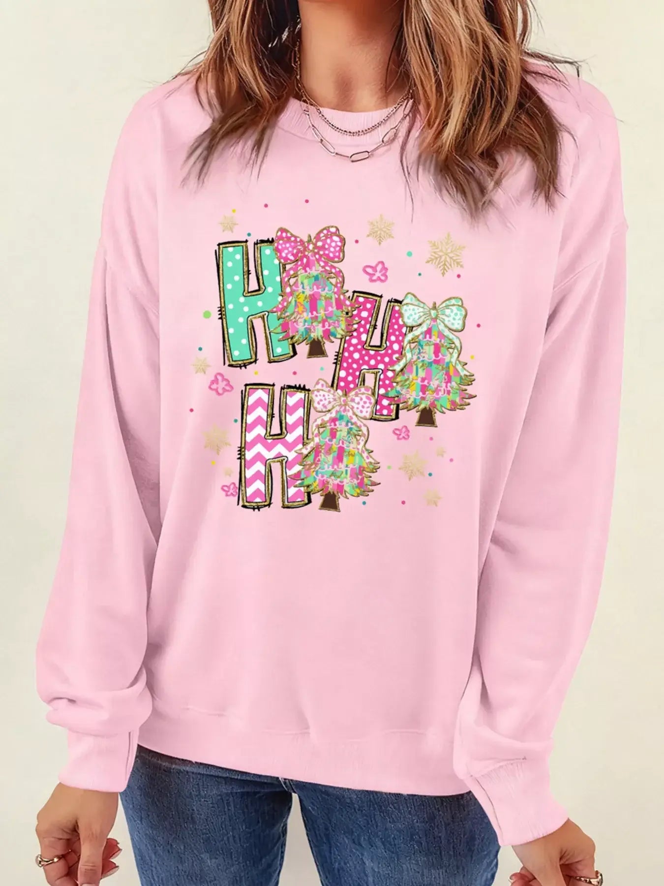 HO HO HO Christmas Tree Graphic Pullover Sweatshirt - Trendsi - Flyclothing LLC