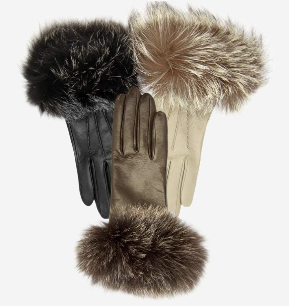 CC4066 (brown) - Women’s Italian fox fur cuff cashmere lined leather gloves - Leather Gloves Online - Flyclothing LLC